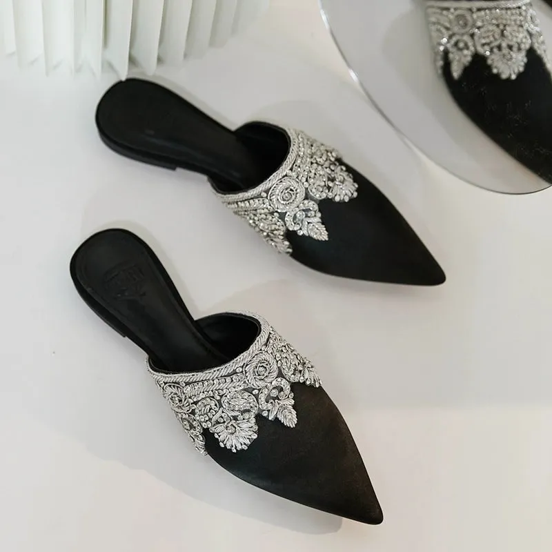 B-FEI spring summer handmade Indian silk rhinestones mule slippers - Crystal Spirit