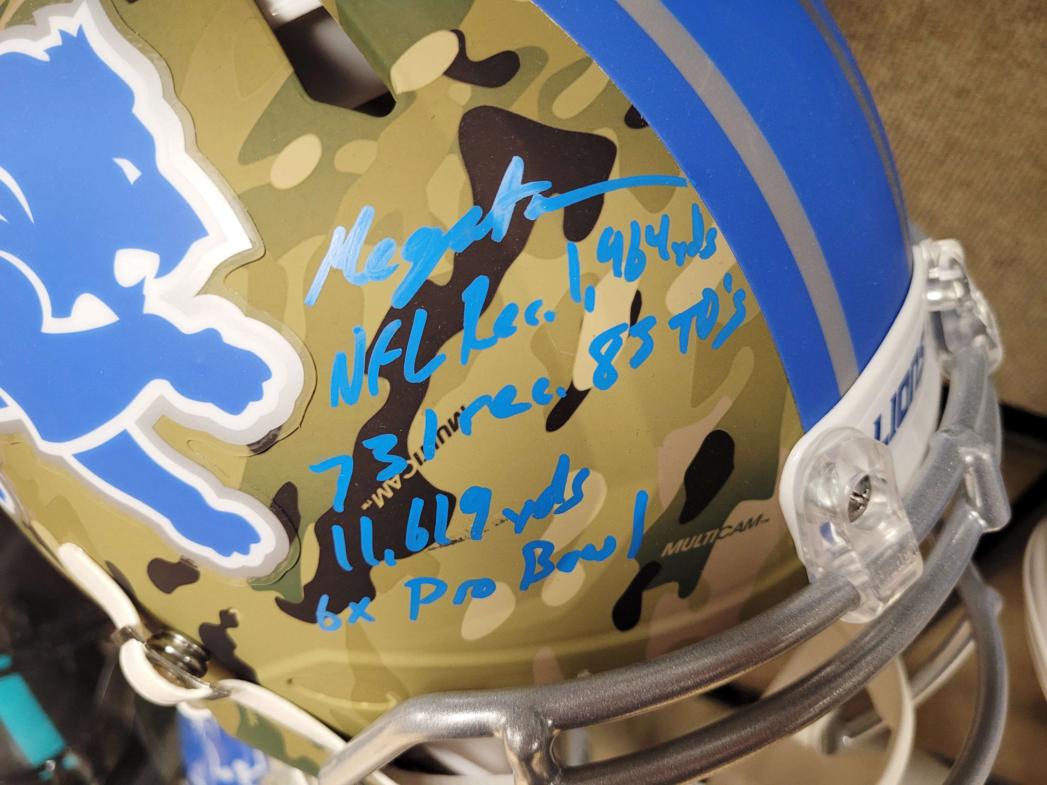 Calvin Johnson Camo Helmet, Signed