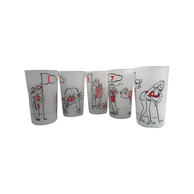 Mid-Century Kitsch Humorous Frosted Golf Glasses (Set of 5)