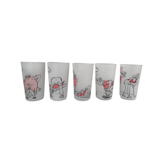 Mid-Century Kitsch Humorous Frosted Golf Glasses (Set of 5)