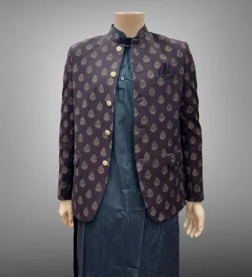 Silk Self Printed Dark Chocolate Brown Short Jacket / Bandhgala